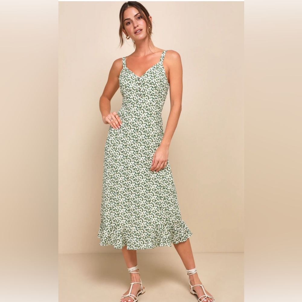 Lulus Darling Daisies Green Floral Print Midi Dress Suze M